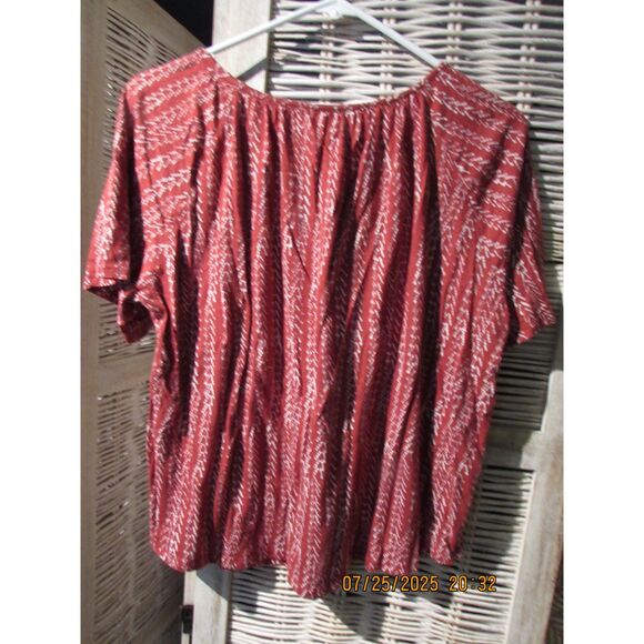Lucky Brand size L top summer peasant blouse rusty red cotton blend pleated - Picture 4 of 8